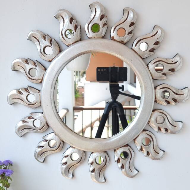 Peruvian Silver Swan Sun Mirror 50 cm Handmade Wall Decor - Carved Wood Round Artistic Statement For Living Room Bathroom - image 1