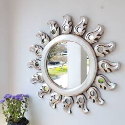 Peruvian Silver Swan Sun Mirror 50 cm Handmade Wall Decor - Carved Wood Round Artistic Statement For Living Room Bathroom - thumbnail 3