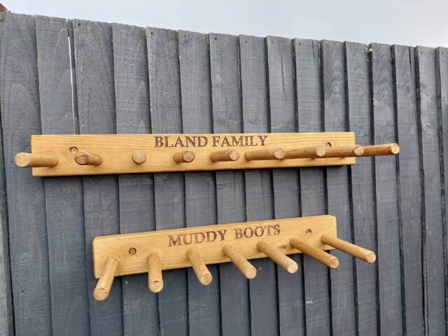 Personalised Welly Wellington Wellies Wooden Rack Boot Holder Wall Mounted-Waxed - image 1