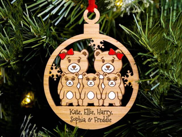 Same Sex Family, Cute Bear Christmas Tree Decoration, Personalised Engraved Xmas Bauble, Secret Santa, Lesbian Mums Mummy Kids Family Of 5 - image 1