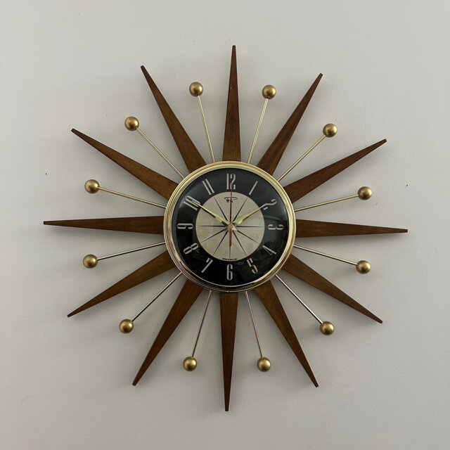 Handmade Mid Century Starburst Clock Teak Rays, Gold Atomic Balls - 21 - image 1