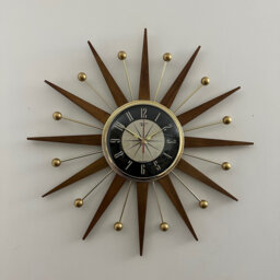 Handmade Mid Century Starburst Clock Teak Rays, Gold Atomic Balls - 21 - thumbnail 1