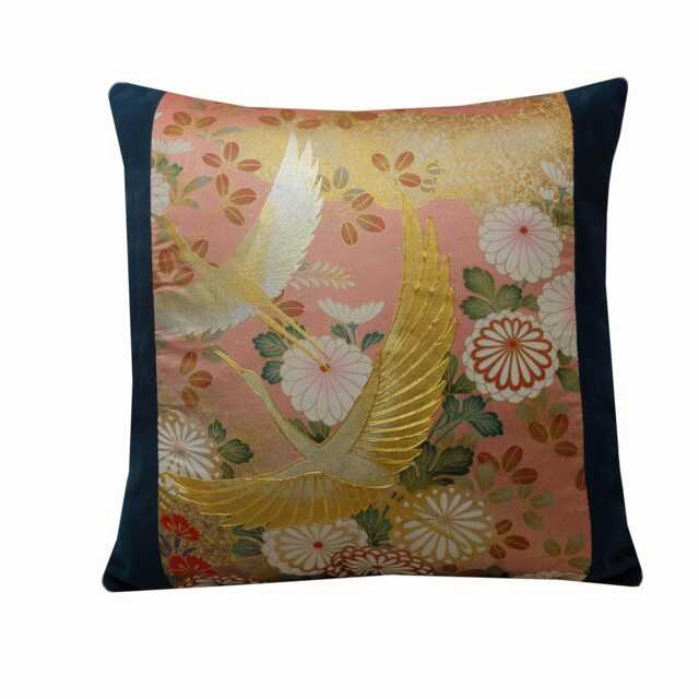 Embroidered Crane Cushion Pink Teal Japanese Silk & Velvet Pillow Cover 16x16 - image 1