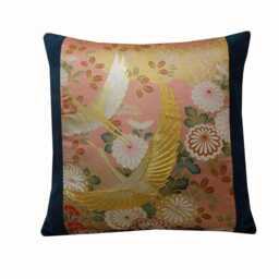 Embroidered Crane Cushion Pink Teal Japanese Silk & Velvet Pillow Cover 16x16 - thumbnail 1