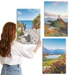 Canvas Wall Art Set Of 3 - View The Lighthouse Beach, Mountains & Flowers, Blue Picture Print, Landscapes Hanging Piece - thumbnail 2