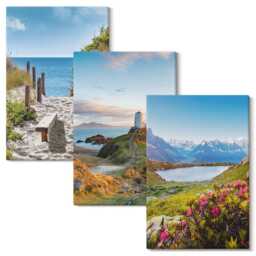 Canvas Wall Art Set Of 3 - View The Lighthouse Beach, Mountains & Flowers, Blue Picture Print, Landscapes Hanging Piece - thumbnail 1