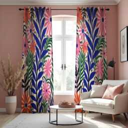 Vibrant Botanical Curtains, Bold Blue & Pink Floral Pattern Drapes, Colorful Modern Garden Print Panels - thumbnail 3