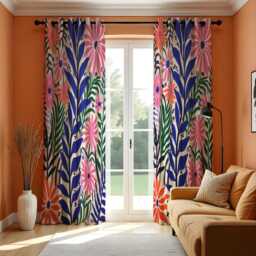 Vibrant Botanical Curtains, Bold Blue & Pink Floral Pattern Drapes, Colorful Modern Garden Print Panels - thumbnail 2