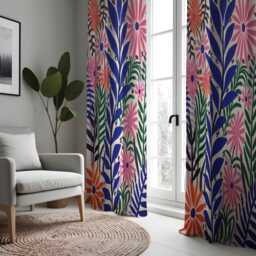Vibrant Botanical Curtains, Bold Blue & Pink Floral Pattern Drapes, Colorful Modern Garden Print Panels - thumbnail 4
