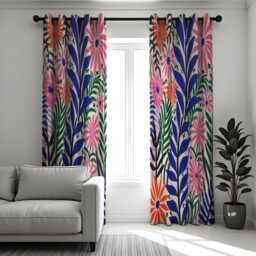Vibrant Botanical Curtains, Bold Blue & Pink Floral Pattern Drapes, Colorful Modern Garden Print Panels