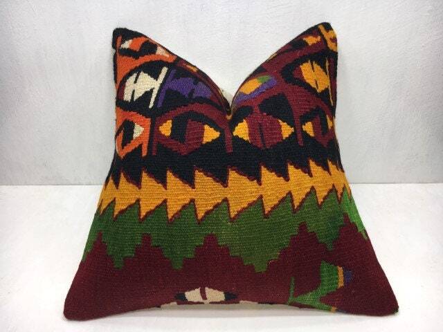 Vintage Turkish Kilim Pillow Cover, Handwoven Ethnic Accent Pillow, 20x20 - image 1