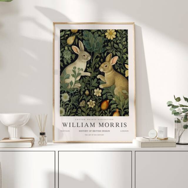 William Morris Print, Art, Exhibition Poster, Woodland Nursery Decor, Bunny Gifts, Rabbit Nature Wall Animal Prints - image 1