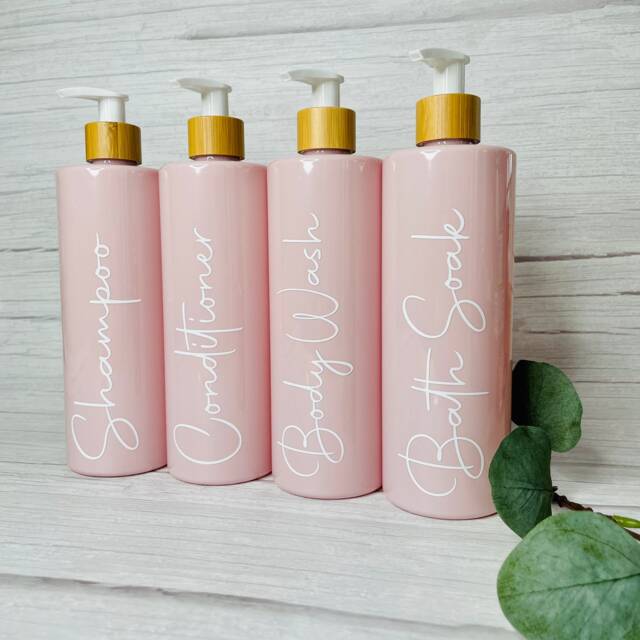 Pink & Bamboo Personalised Bathroom Bottles Reusable Dispensers 500Ml Mrs Hinch Lotion Bottles Soap Dispensers Kitchen Pump
