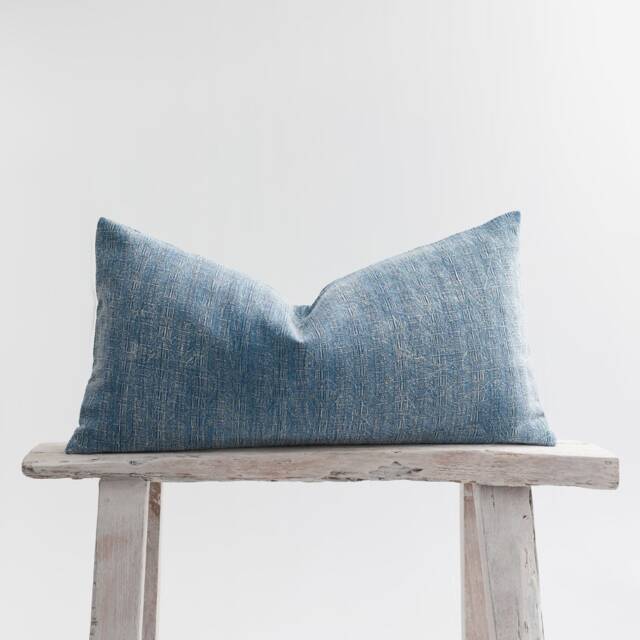 Vintage Stonewash Lumbar Pillow Cover, Faded Blue Tribal Cushion, Kapok Insert - image 1