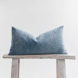 Vintage Stonewash Lumbar Pillow Cover, Faded Blue Tribal Cushion, Kapok Insert - thumbnail 1