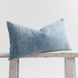 Vintage Stonewash Lumbar Pillow Cover, Faded Blue Tribal Cushion, Kapok Insert - thumbnail 3