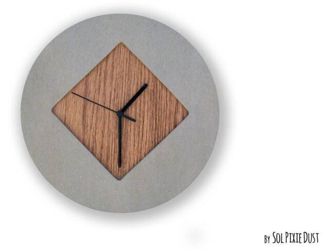 Concrete Circle With Wooden Rhombus Hole Wall Clock - Modern Home Decor Contemporary Minimalist Art Gift Idea - image 1