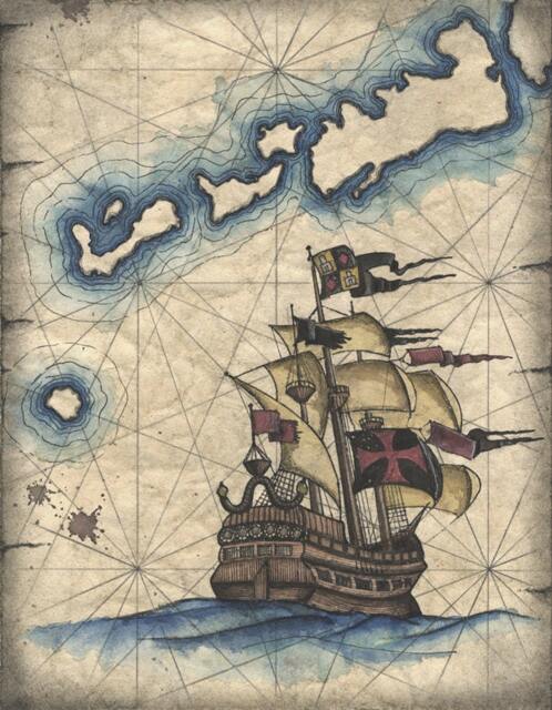 Spanish Galleon Art Print Pirate Ship Drawing, Vintage Ship, Treasure Pirates, Caribbean, Old Maps & Prints, Sailing Ships, Islands - image 1