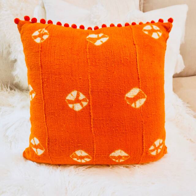 Orange Mud Cloth Pillow Cover, Hand-Dyed African Fabric - image 1