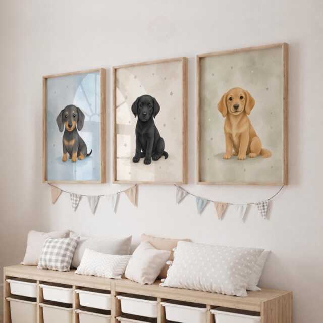 Dogs Nursery Print Set Of 3 - Kids Puppy Wall Art, Neutral Playroom Decor - image 1