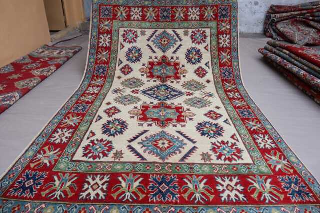 5x8 Beige Afghan Kazak Rug - Turkmen Hand Knotted Natural Veg Dyes Wool Area Oriental Geometric Bedroom Living Room Carpet - image 1