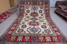 5x8 Beige Afghan Kazak Rug - Turkmen Hand Knotted Natural Veg Dyes Wool Area Oriental Geometric Bedroom Living Room Carpet - thumbnail 1