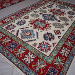 5x8 Beige Afghan Kazak Rug - Turkmen Hand Knotted Natural Veg Dyes Wool Area Oriental Geometric Bedroom Living Room Carpet - thumbnail 2