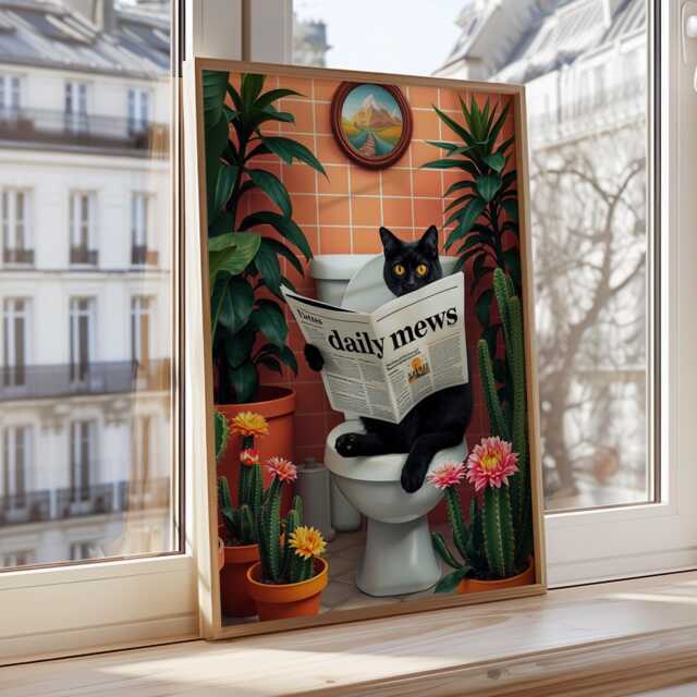 Black Cat Reading Newspaper Art Print - Funny Wall Decor Humorous Bathroom & Home Lover Gift - image 1