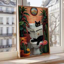 Black Cat Reading Newspaper Art Print - Funny Wall Decor Humorous Bathroom & Home Lover Gift - thumbnail 1