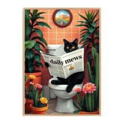 Black Cat Reading Newspaper Art Print - Funny Wall Decor Humorous Bathroom & Home Lover Gift - thumbnail 2