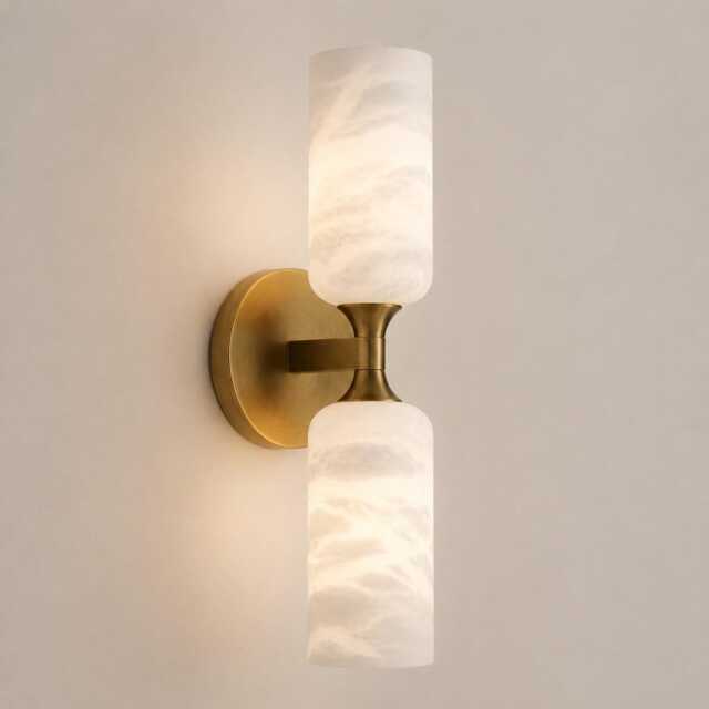Handmade Double Brass Wall Sconce With Natural Alabaster Lamp - Mid Century Modern Luxury Bedroom Or Hallway D??cor - image 1