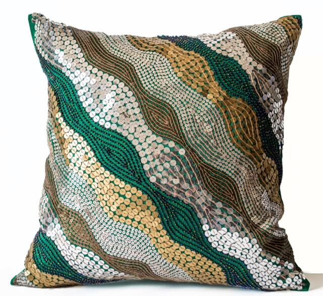 Handmade Emerald Green Sequin Pillow Cover Art Silk Decorative - image 1