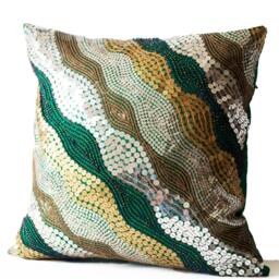 Handmade Emerald Green Sequin Pillow Cover Art Silk Decorative - thumbnail 2