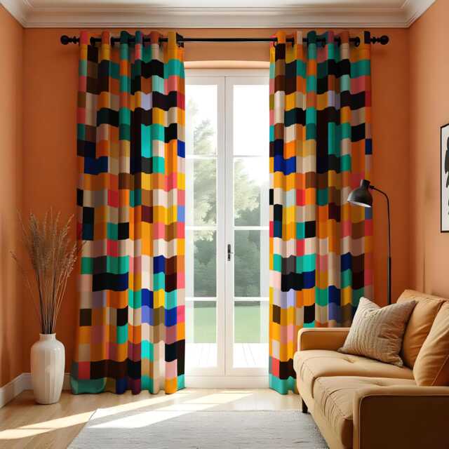Color Block Curtains, Modern Wavy Geometric Drapes, Multicolor Made To Measure Window Panels, Bold Abstract Treatment - image 1