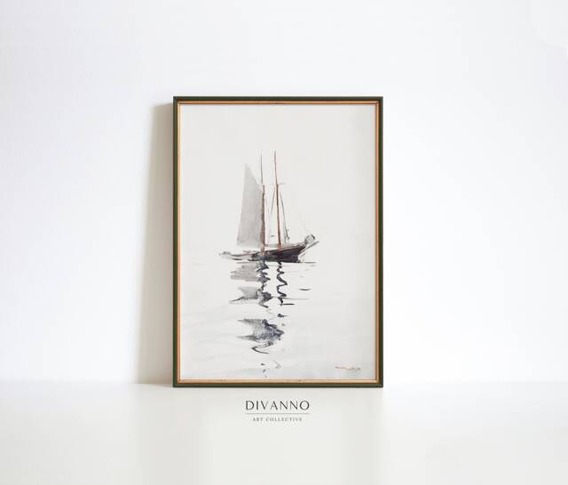 Muted Sailboat Print, Vintage Nautical Painting, Neutral Seascape Minimalist Wall Art, Digital, Antique Boat Canvas, Winslow Homer - image 1