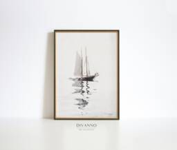 Muted Sailboat Print, Vintage Nautical Painting, Neutral Seascape Minimalist Wall Art, Digital, Antique Boat Canvas, Winslow Homer - thumbnail 1