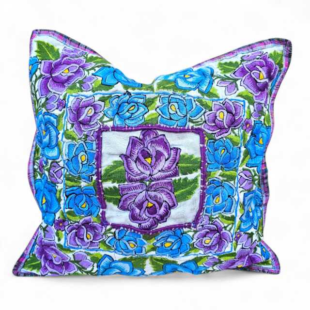 Guatemalan Huipil Cushion Cover Blue Purple Floral Pillow - image 1