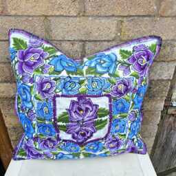 Guatemalan Huipil Cushion Cover Blue Purple Floral Pillow - thumbnail 3