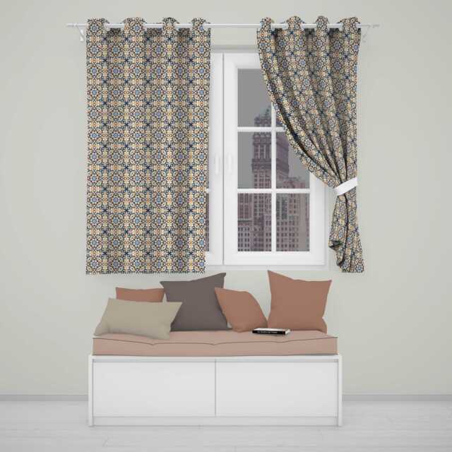 Ornate Moroccan Blue Orange Tile Pattern Seamless Readymade Eyelet Ring Top Thermal 100% Blackout Curtains - image 1