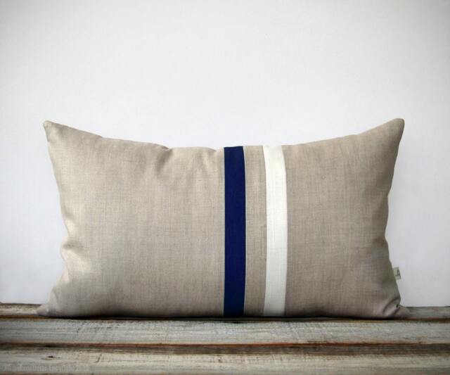Navy & Cream Striped Lumbar Pillow - 12x20 Modern Home Decor By Jillianrenedecor - Minimal Midnight Blue Indigo - image 1