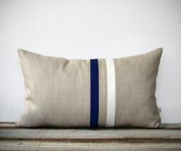 Navy & Cream Striped Lumbar Pillow - 12x20 Modern Home Decor By Jillianrenedecor - Minimal Midnight Blue Indigo - thumbnail 1