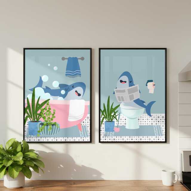 Shark Bathroom Prints, Bath & Toilet Art, Set Of Two Blue Prints - image 1