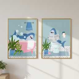 Shark Bathroom Prints, Bath & Toilet Art, Set Of Two Blue Prints - thumbnail 3