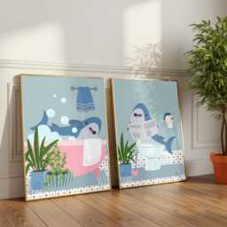 Shark Bathroom Prints, Bath & Toilet Art, Set Of Two Blue Prints - thumbnail 2