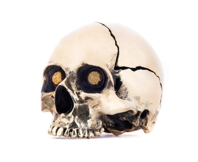 Gold Bling Brass Metal Skull Sculpture With Druzy Crystal Stone Eyes - image 1