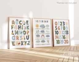 Set Of 3 Educational Nursery Prints in Blue & Green, Weather Print, Alphabet Numbers Chart, Neutral Scandi Playroom - thumbnail 1