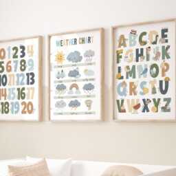 Set Of 3 Educational Nursery Prints in Blue & Green, Weather Print, Alphabet Numbers Chart, Neutral Scandi Playroom - thumbnail 2