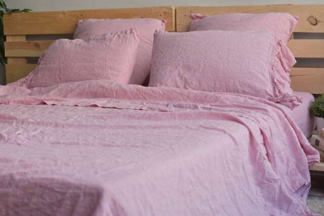 Linen Sheet Set Of 4Pc Stone Washed Sheets & Two Pillowcases Ruflle Super Soft Luxury Flax Melange Pink - Full Double Queen King Twin - image 1