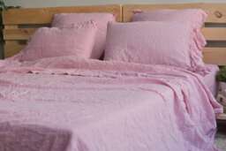 Linen Sheet Set Of 4Pc Stone Washed Sheets & Two Pillowcases Ruflle Super Soft Luxury Flax Melange Pink - Full Double Queen King Twin