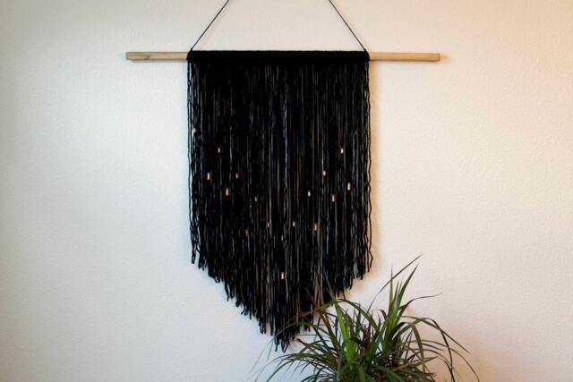 Black Wool Macrame Wall Hanging - Copper Accents, Wood Dowel - image 1